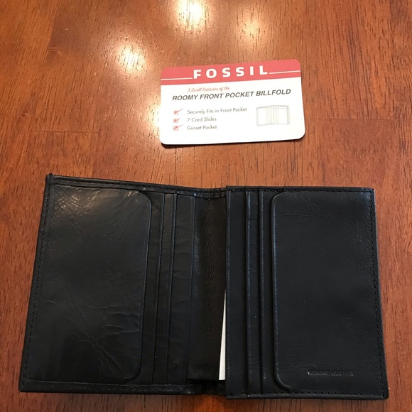 New FOSSIL Wallet Front Pocket Billfold Black Leather card slim small travel - Picture 4 of 8